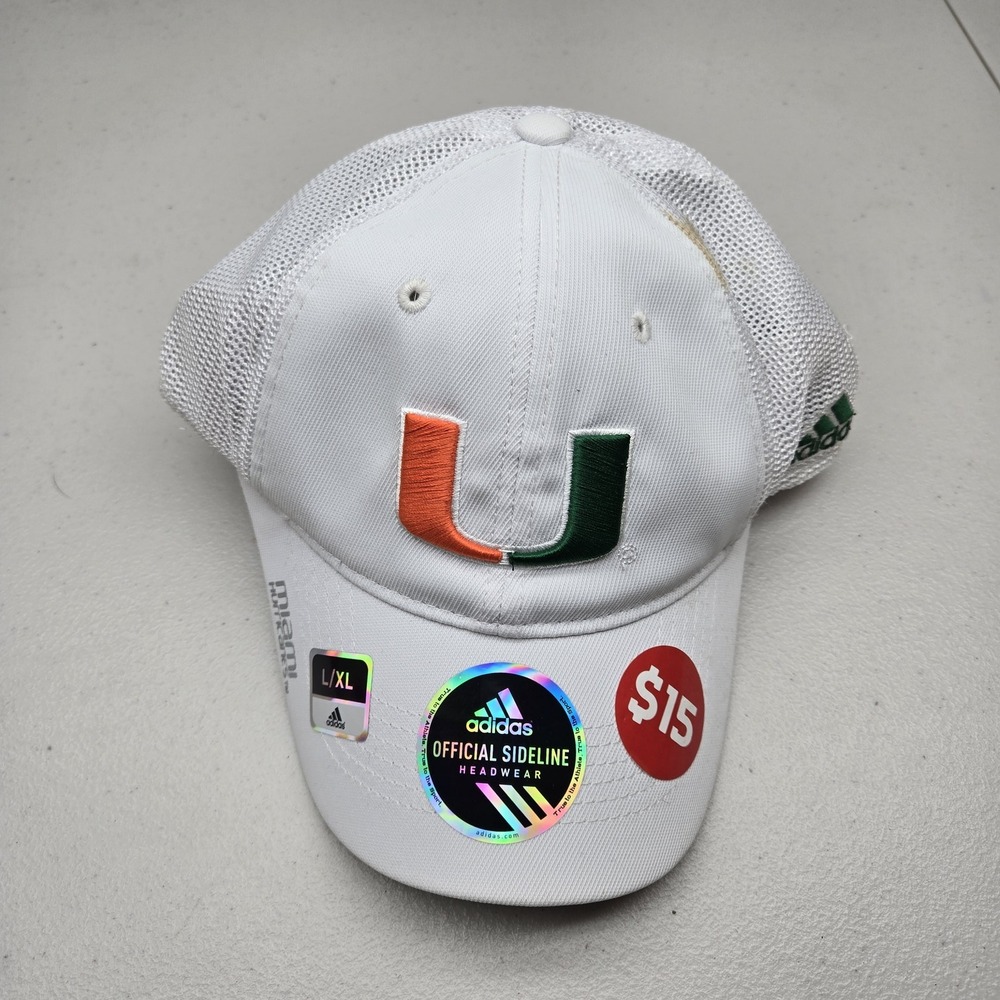 Miami Hurricanes Unisex Baseball Cap L/XL White Adidas Curved Embroidered READ